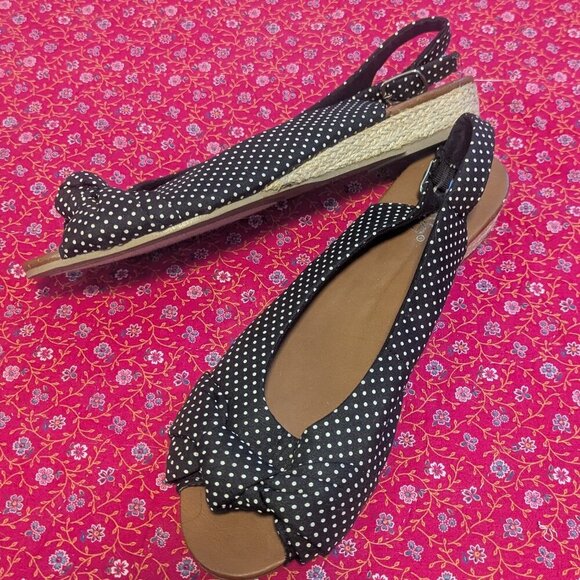 Vintage Polka Dot Rockabilly Sling Espadrille Peep Bow Sandal Coquette Preppy - Picture 3 of 9